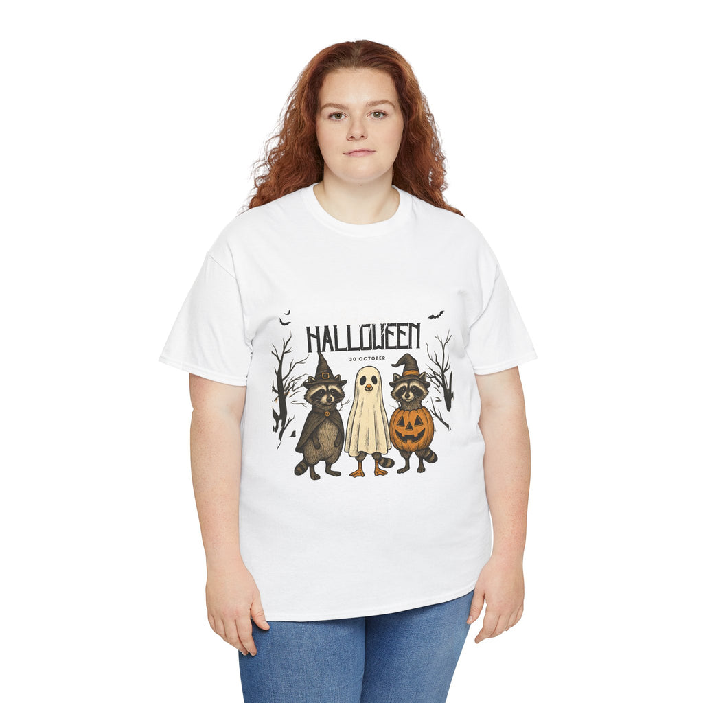 Halloween Raccoon Ghost Pumpkin T‑Shirt — Cute Spooky Costume Trio Tee