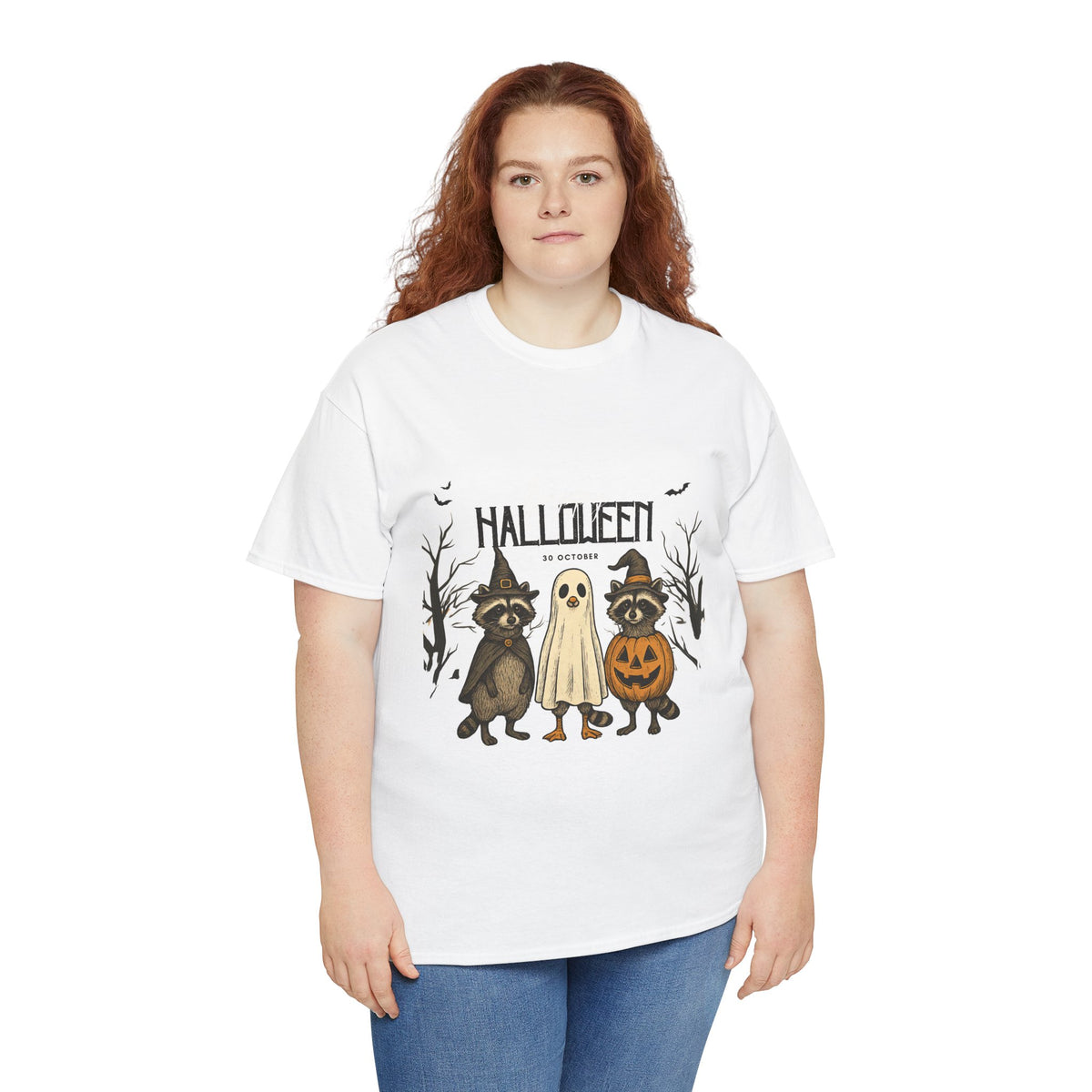 Halloween Raccoon Ghost Pumpkin T‑Shirt — Cute Spooky Costume Trio Tee