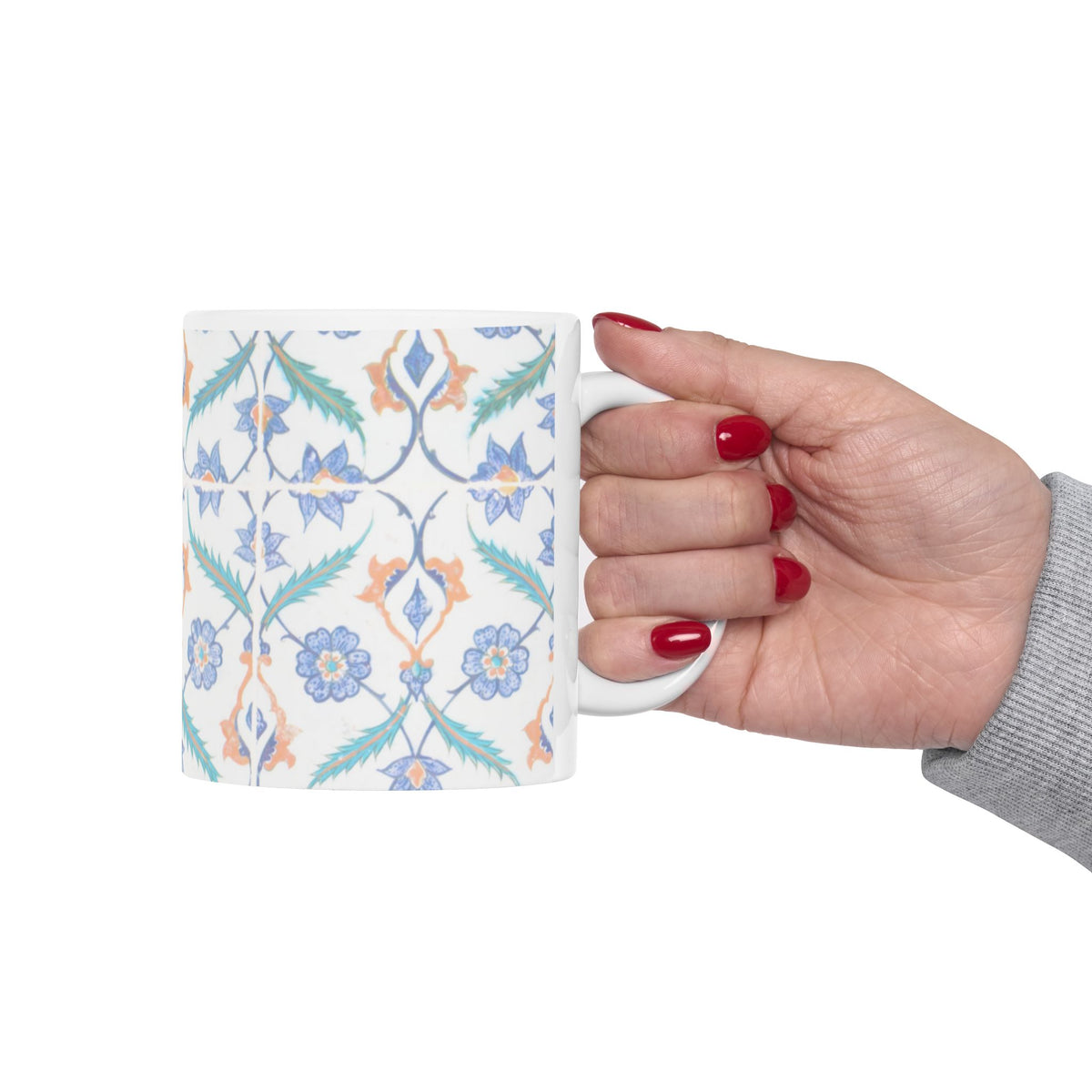 Floral Tile Pattern Ceramic Mug — Blue & Coral Botanical Design (11oz/15oz)