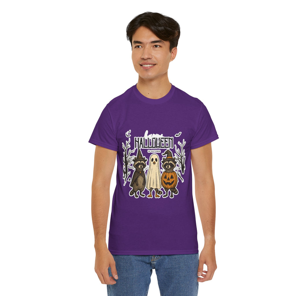Halloween Raccoon Ghost Pumpkin T‑Shirt — Cute Spooky Costume Trio Tee