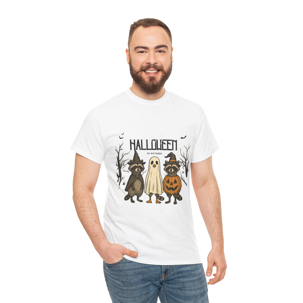 Halloween Raccoon Ghost Pumpkin T‑Shirt — Cute Spooky Costume Trio Tee