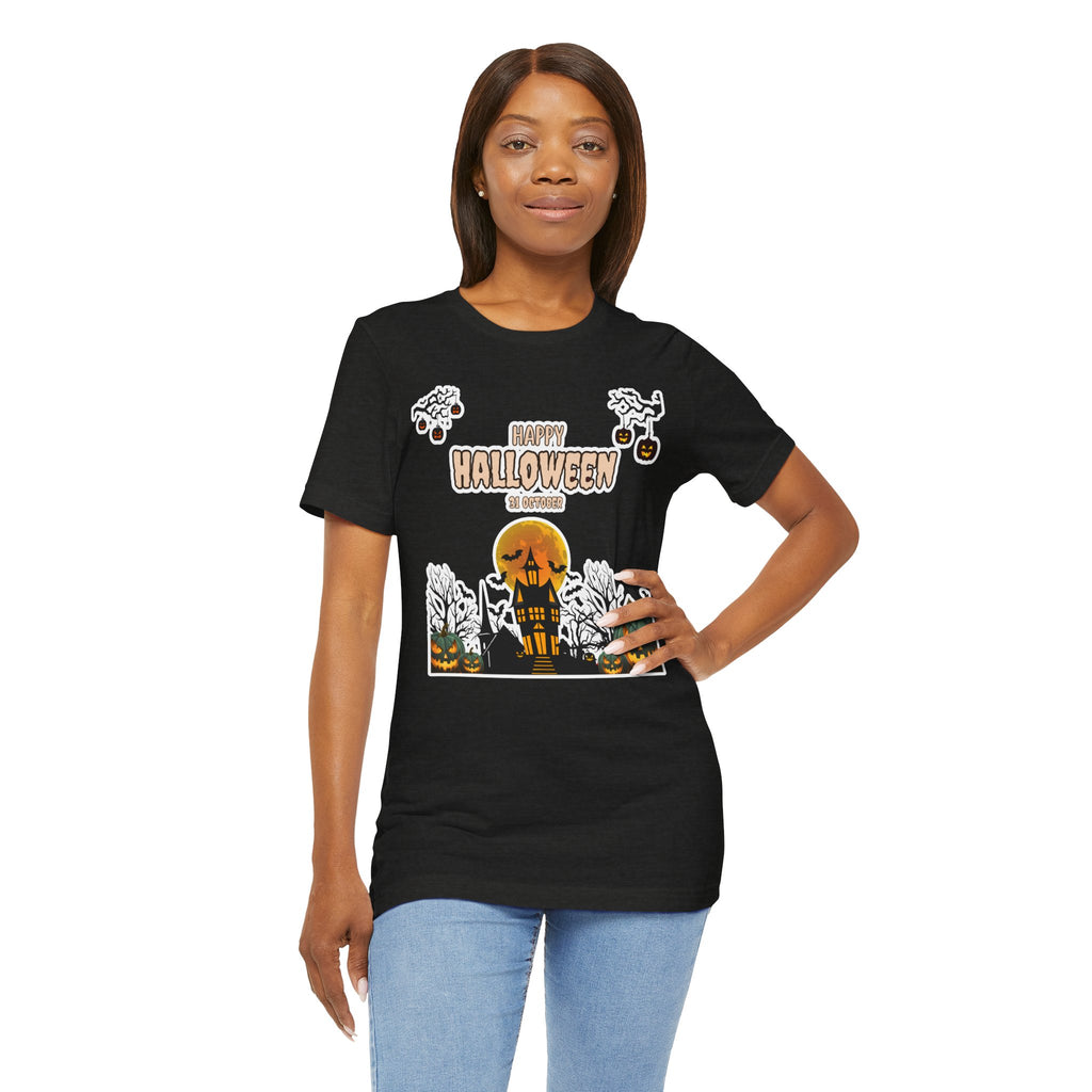 Halloween Haunted House T-Shirt — "Happy Halloween" Pumpkin Spooky Tee