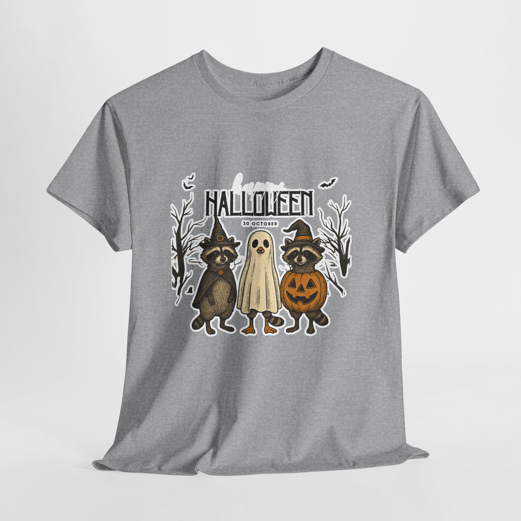 Halloween Raccoon Ghost Pumpkin T‑Shirt — Cute Spooky Costume Trio Tee