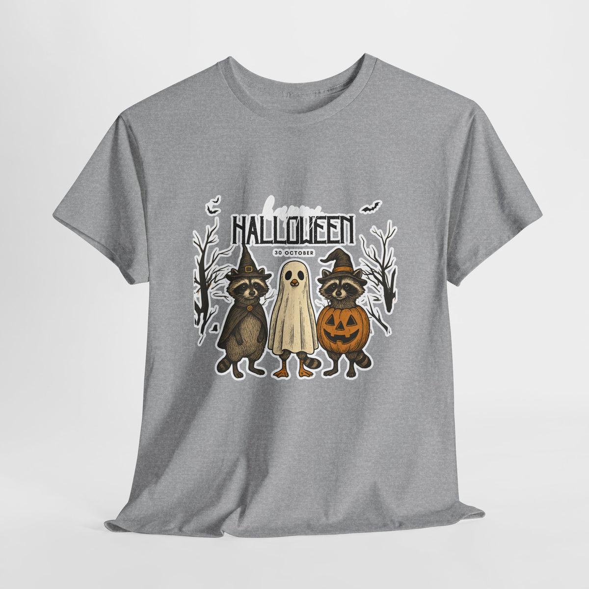 Halloween Raccoon Ghost Pumpkin T‑Shirt — Cute Spooky Costume Trio Tee