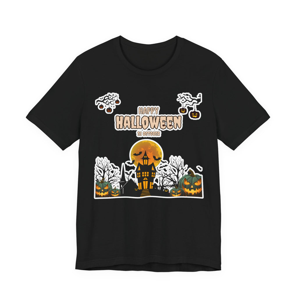 Halloween Haunted House T-Shirt — "Happy Halloween" Pumpkin Spooky Tee