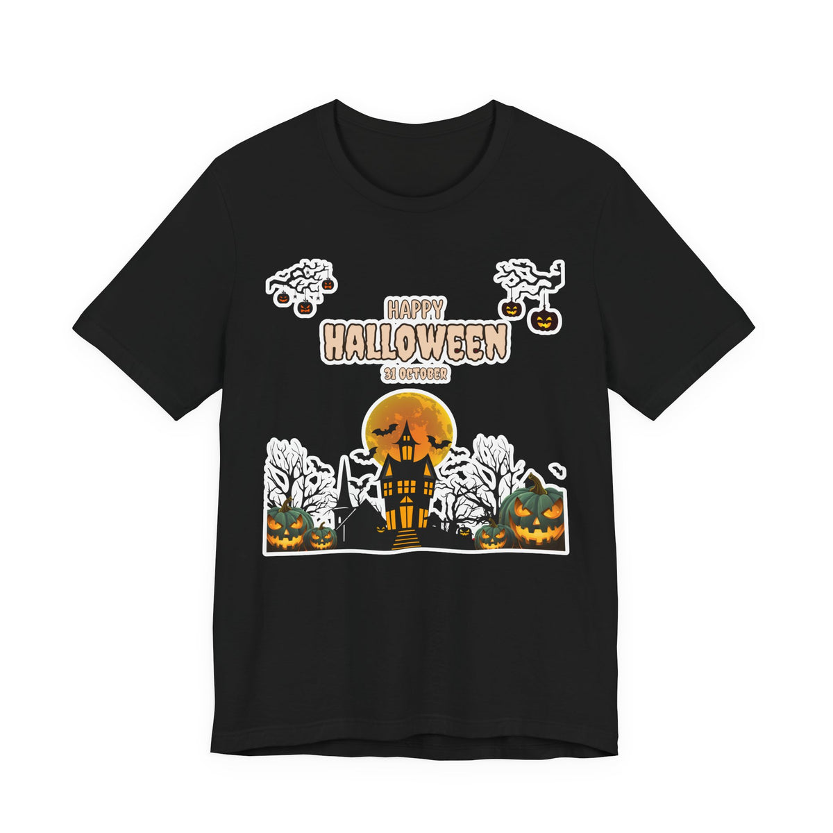 Halloween Haunted House T-Shirt — "Happy Halloween" Pumpkin Spooky Tee