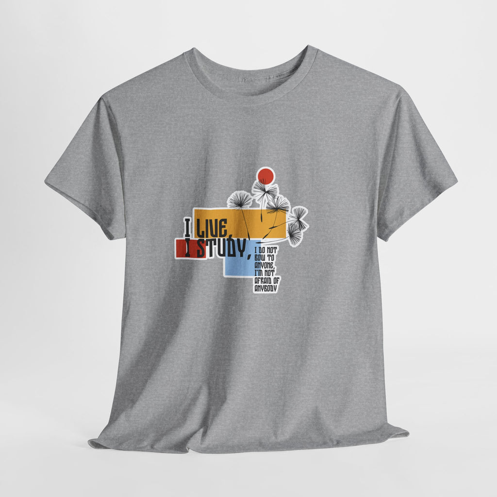 T-Shirt — I Live, I Study Graphic Tee (Minimalist Floral Collage)