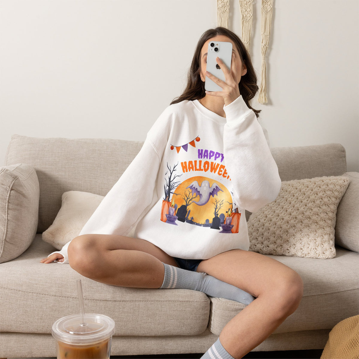 Happy Halloween Crewneck Sweatshirt — Cute Ghost Pumpkin Halloween Sweater