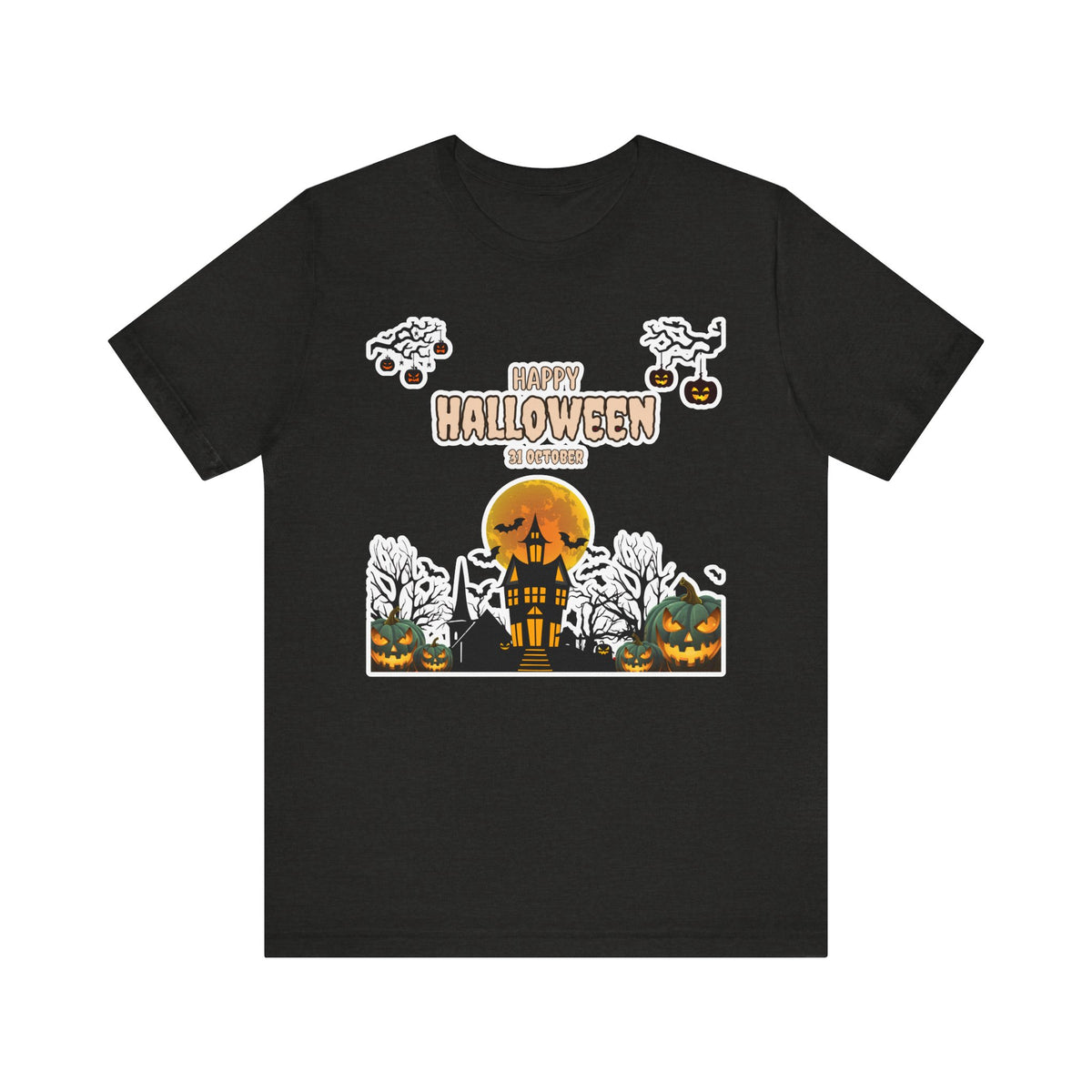 Halloween Haunted House T-Shirt — "Happy Halloween" Pumpkin Spooky Tee