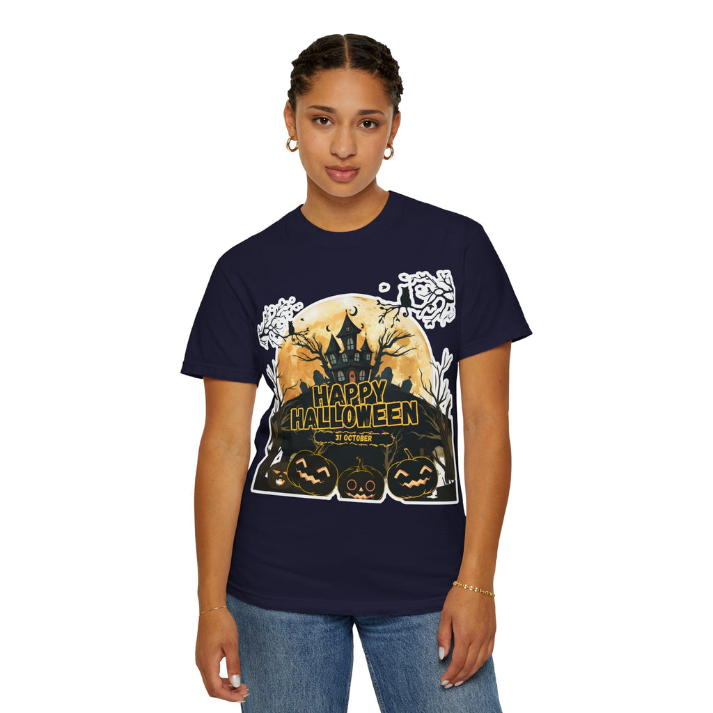 Halloween Haunted House T-Shirt — "Happy Halloween" Pumpkin Graphic Tee