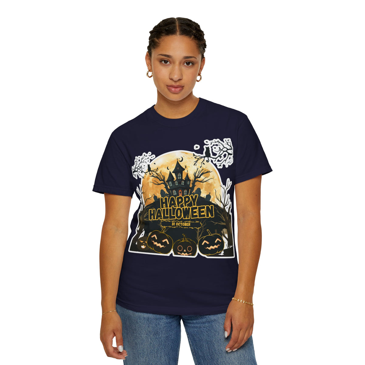 Halloween Haunted House T-Shirt — "Happy Halloween" Pumpkin Graphic Tee