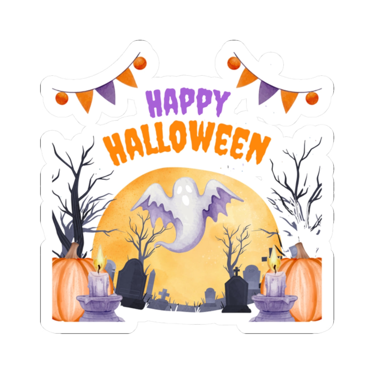 Happy Halloween Ghost Sticker — Cute Spooky Kiss-Cut Halloween Decal