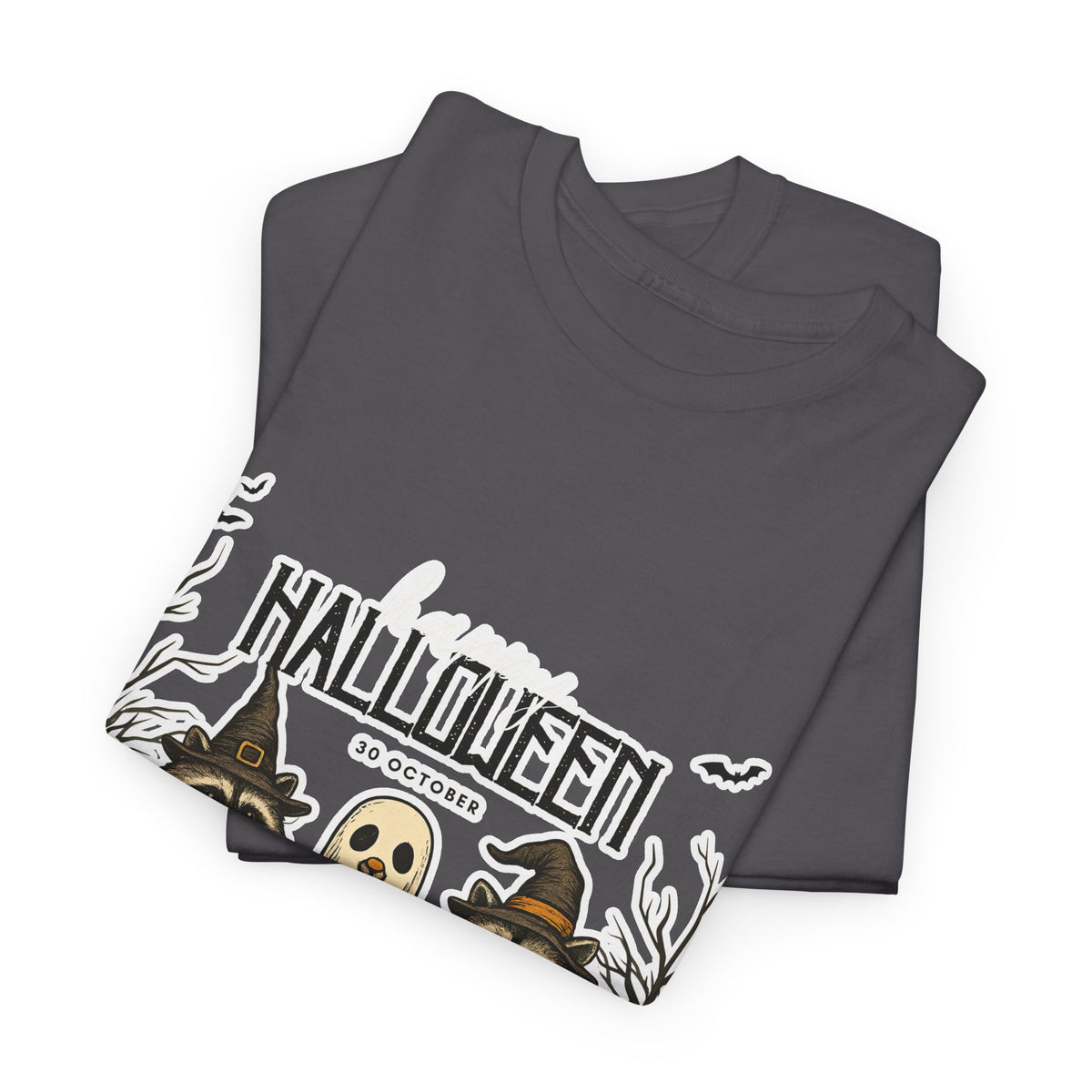 Halloween Raccoon Ghost Pumpkin T‑Shirt — Cute Spooky Costume Trio Tee