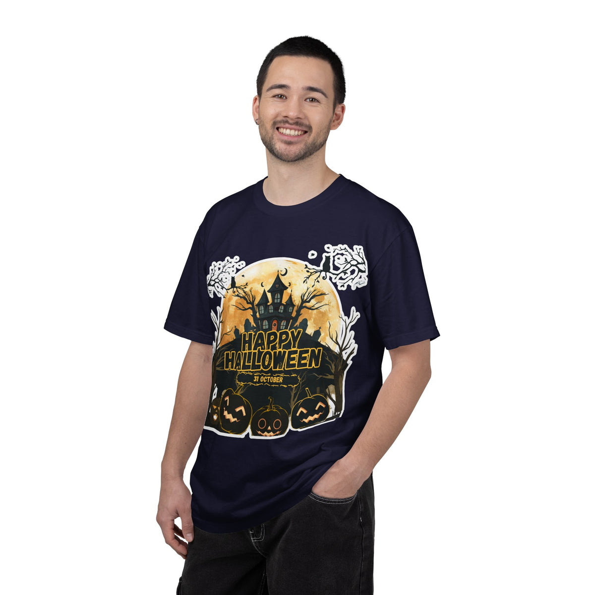 Halloween Haunted House T-Shirt — "Happy Halloween" Pumpkin Graphic Tee