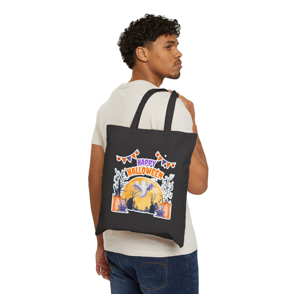 Halloween Tote Bag — "Happy Halloween" Ghost Pumpkin Canvas Tote