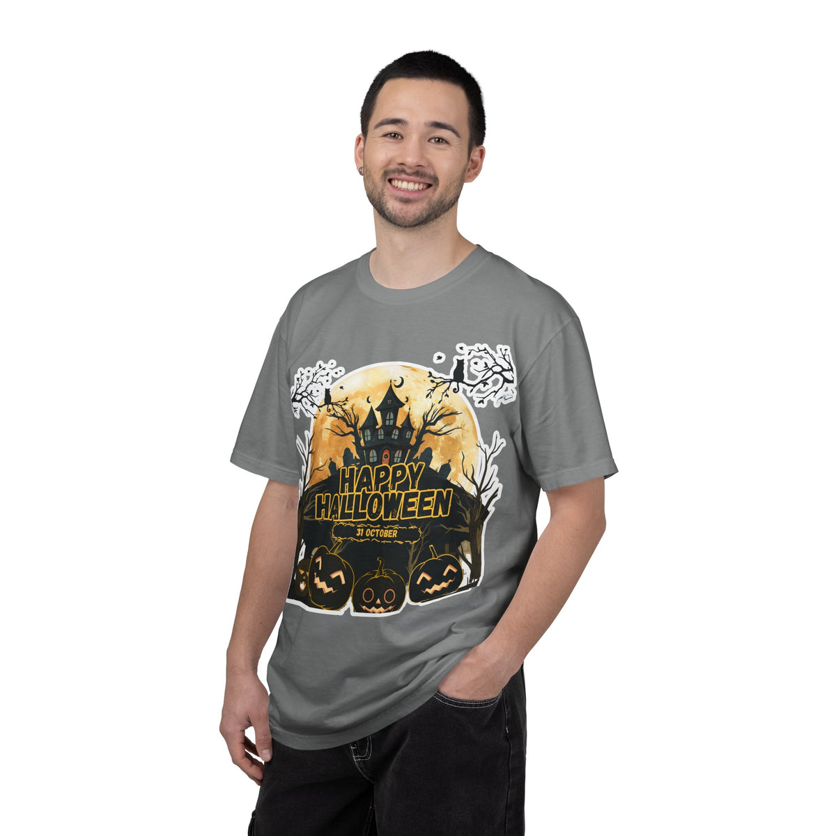 Halloween Haunted House T-Shirt — "Happy Halloween" Pumpkin Graphic Tee