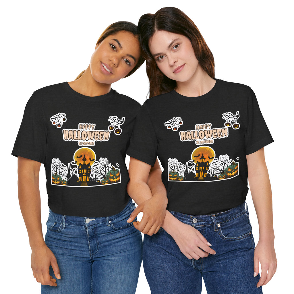 Halloween Haunted House T-Shirt — "Happy Halloween" Pumpkin Spooky Tee