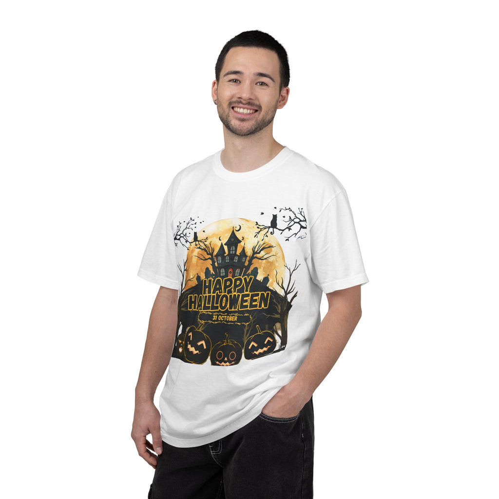 Halloween Haunted House T-Shirt — "Happy Halloween" Pumpkin Graphic Tee