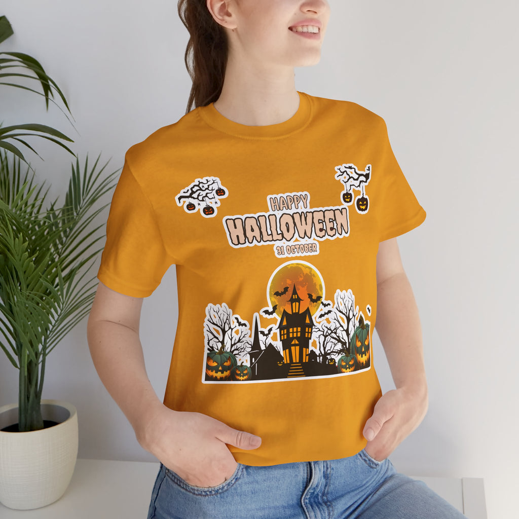 Halloween Haunted House T-Shirt — "Happy Halloween" Pumpkin Spooky Tee