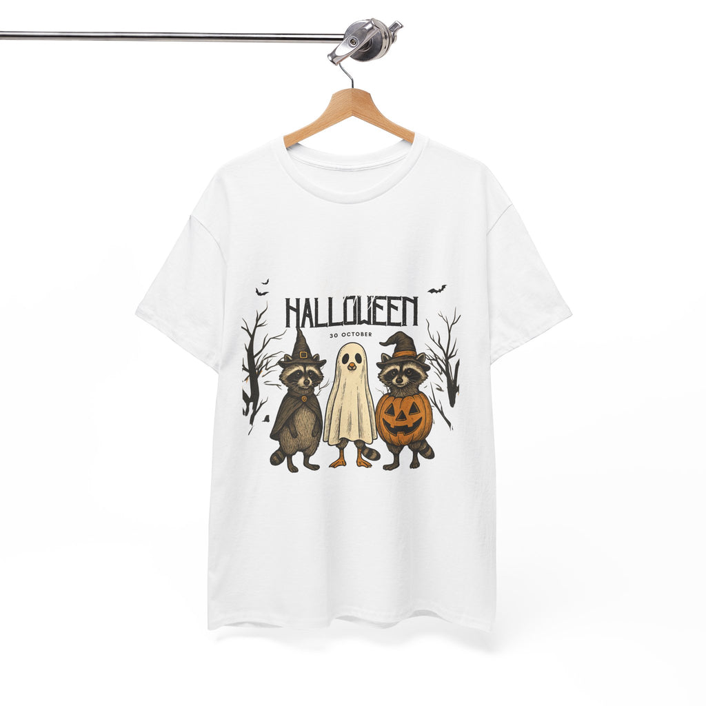 Halloween Raccoon Ghost Pumpkin T‑Shirt — Cute Spooky Costume Trio Tee