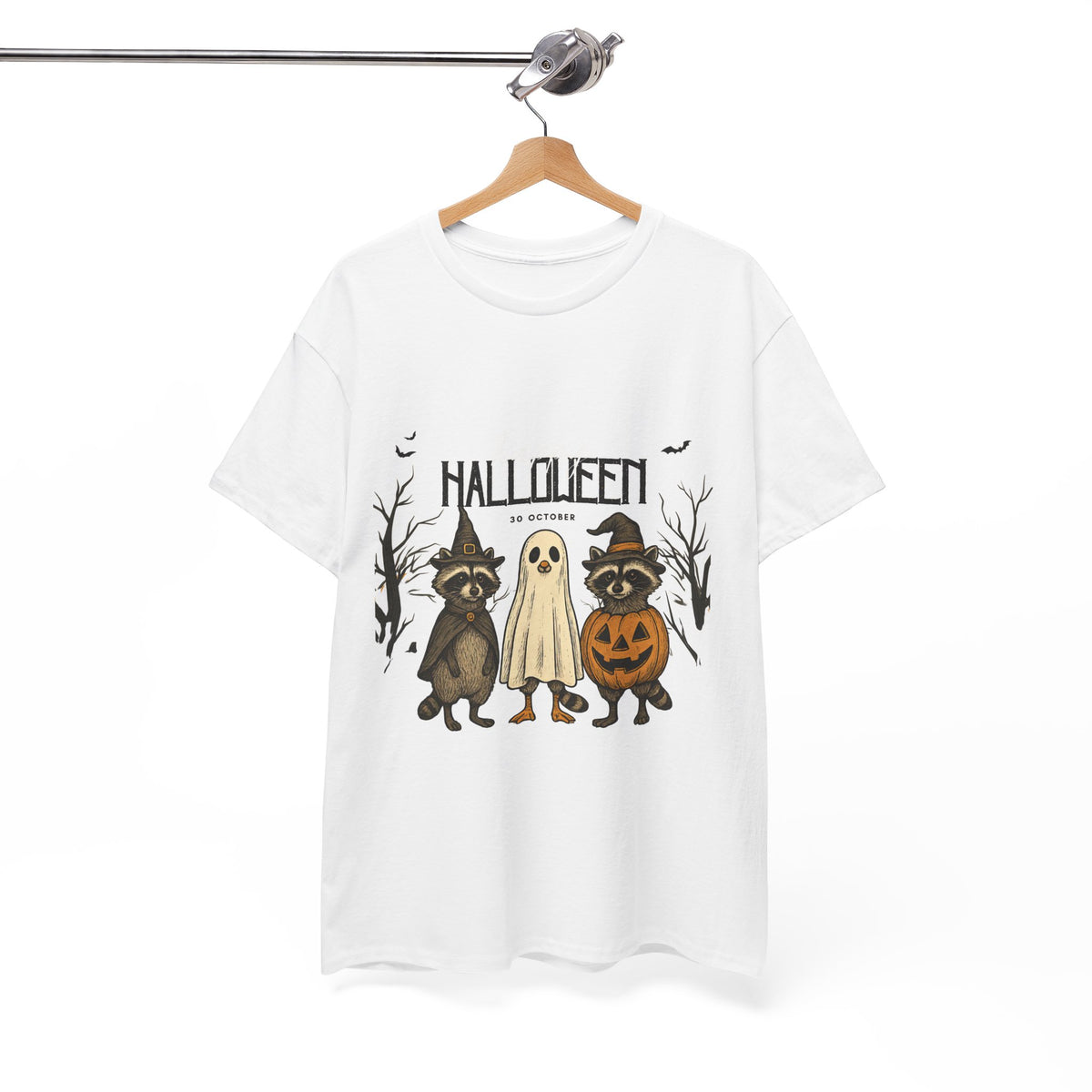 Halloween Raccoon Ghost Pumpkin T‑Shirt — Cute Spooky Costume Trio Tee