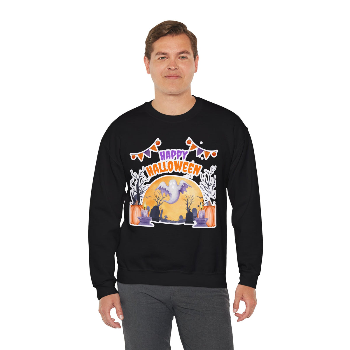 Happy Halloween Crewneck Sweatshirt — Cute Ghost Pumpkin Halloween Sweater