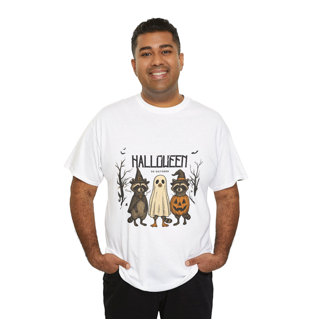 Halloween Raccoon Ghost Pumpkin T‑Shirt — Cute Spooky Costume Trio Tee
