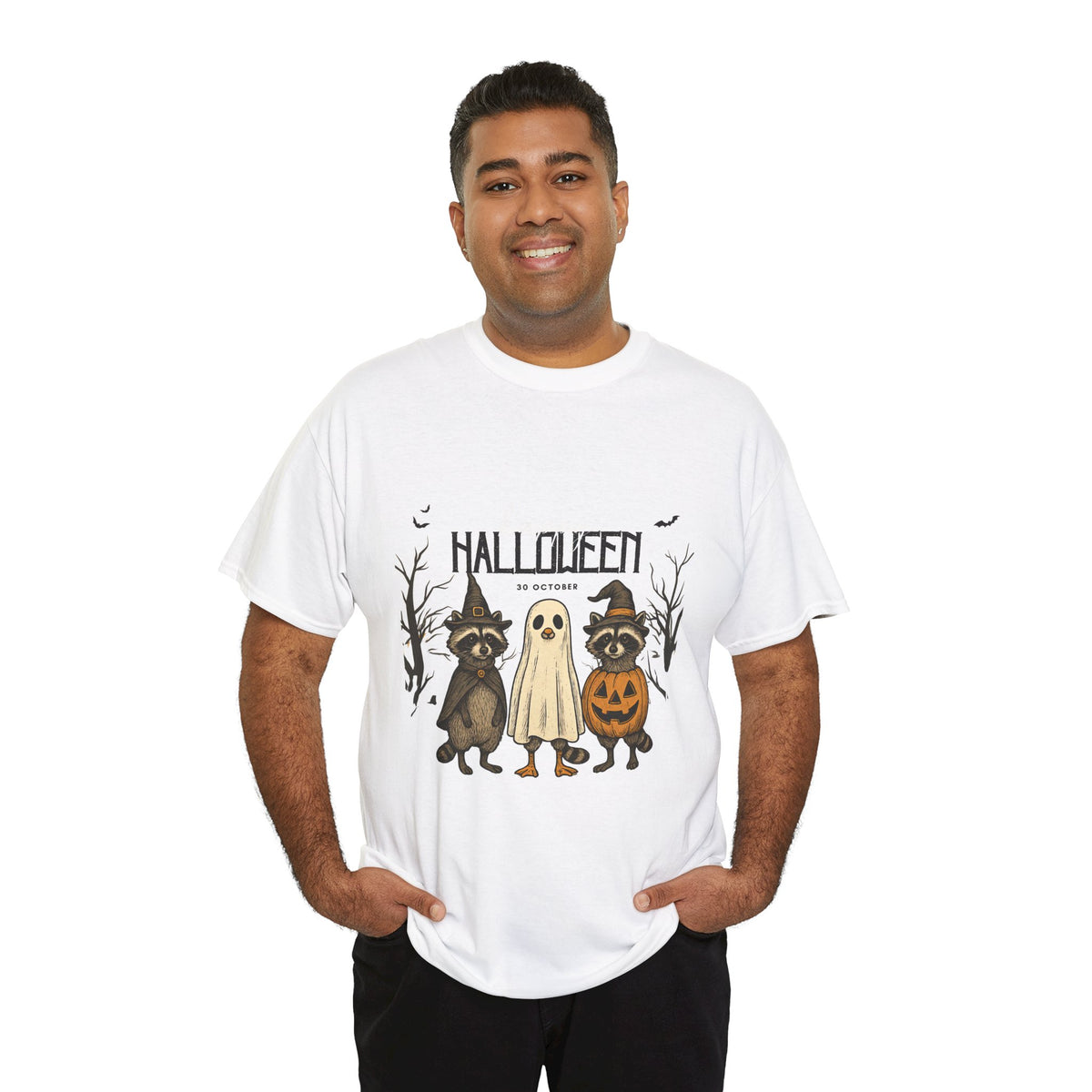 Halloween Raccoon Ghost Pumpkin T‑Shirt — Cute Spooky Costume Trio Tee