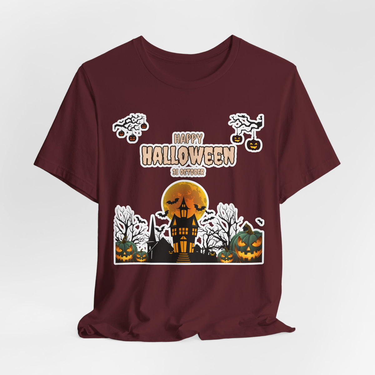 Halloween Haunted House T-Shirt — "Happy Halloween" Pumpkin Spooky Tee