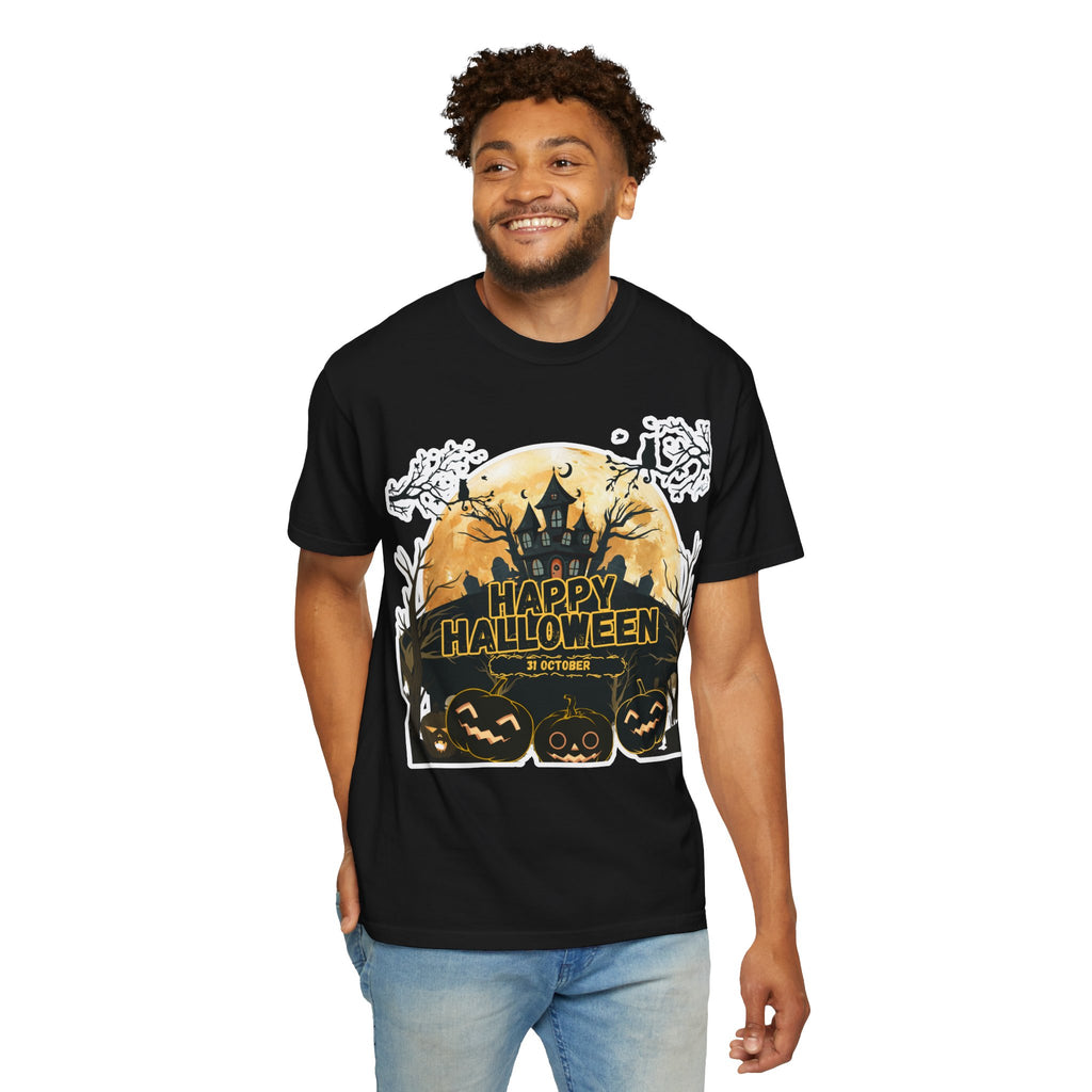 Halloween Haunted House T-Shirt — "Happy Halloween" Pumpkin Graphic Tee