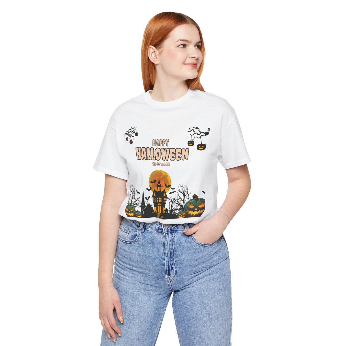 Halloween Haunted House T-Shirt — "Happy Halloween" Pumpkin Spooky Tee