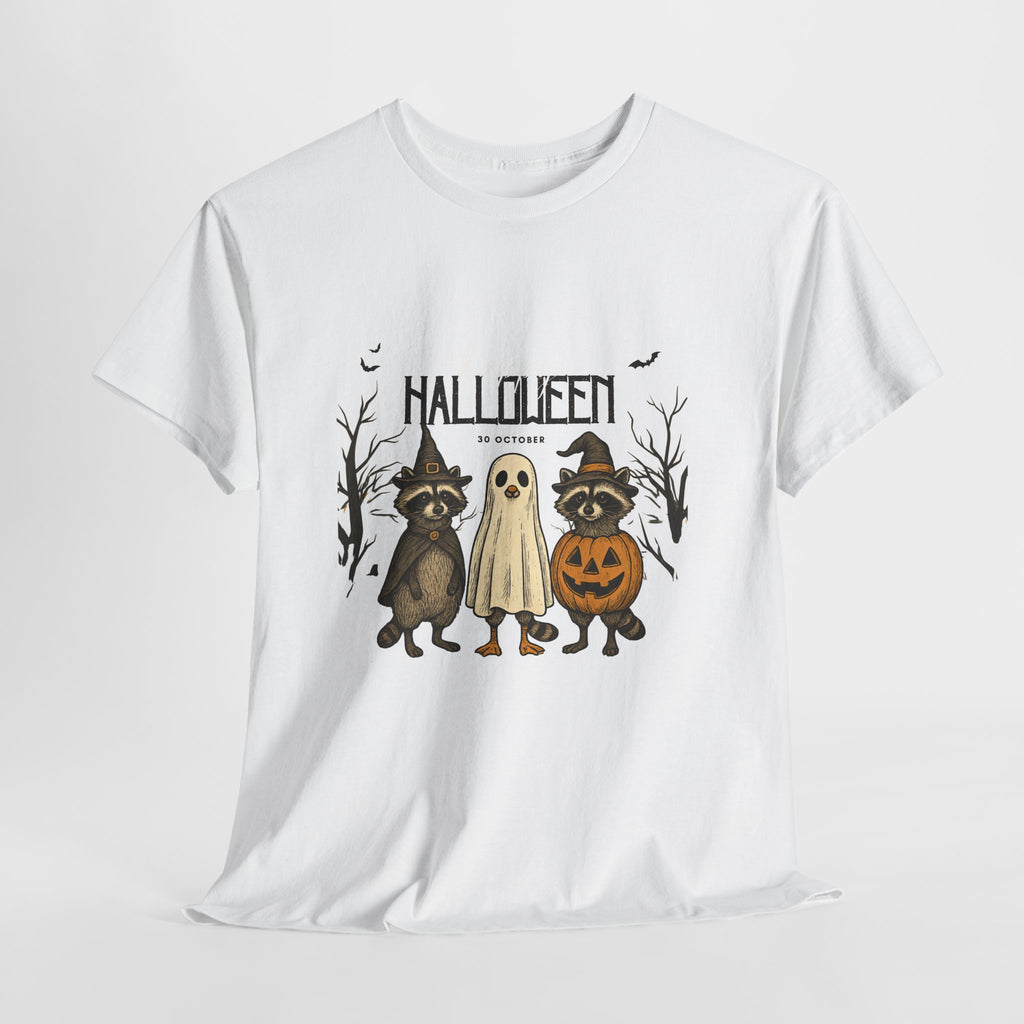 Halloween Raccoon Ghost Pumpkin T‑Shirt — Cute Spooky Costume Trio Tee