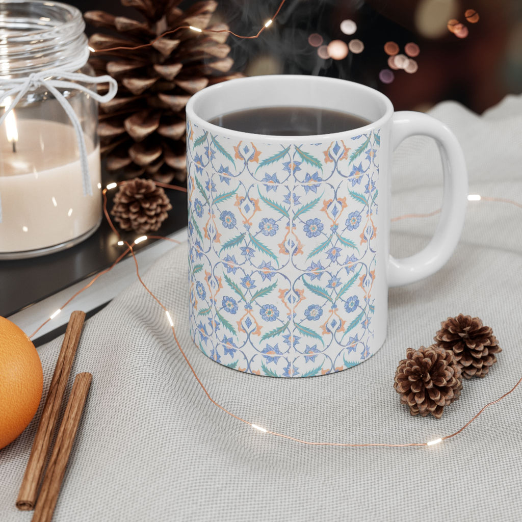 Floral Tile Pattern Ceramic Mug – Blue & Orange Decorative Coffee Cup (11oz/15oz)