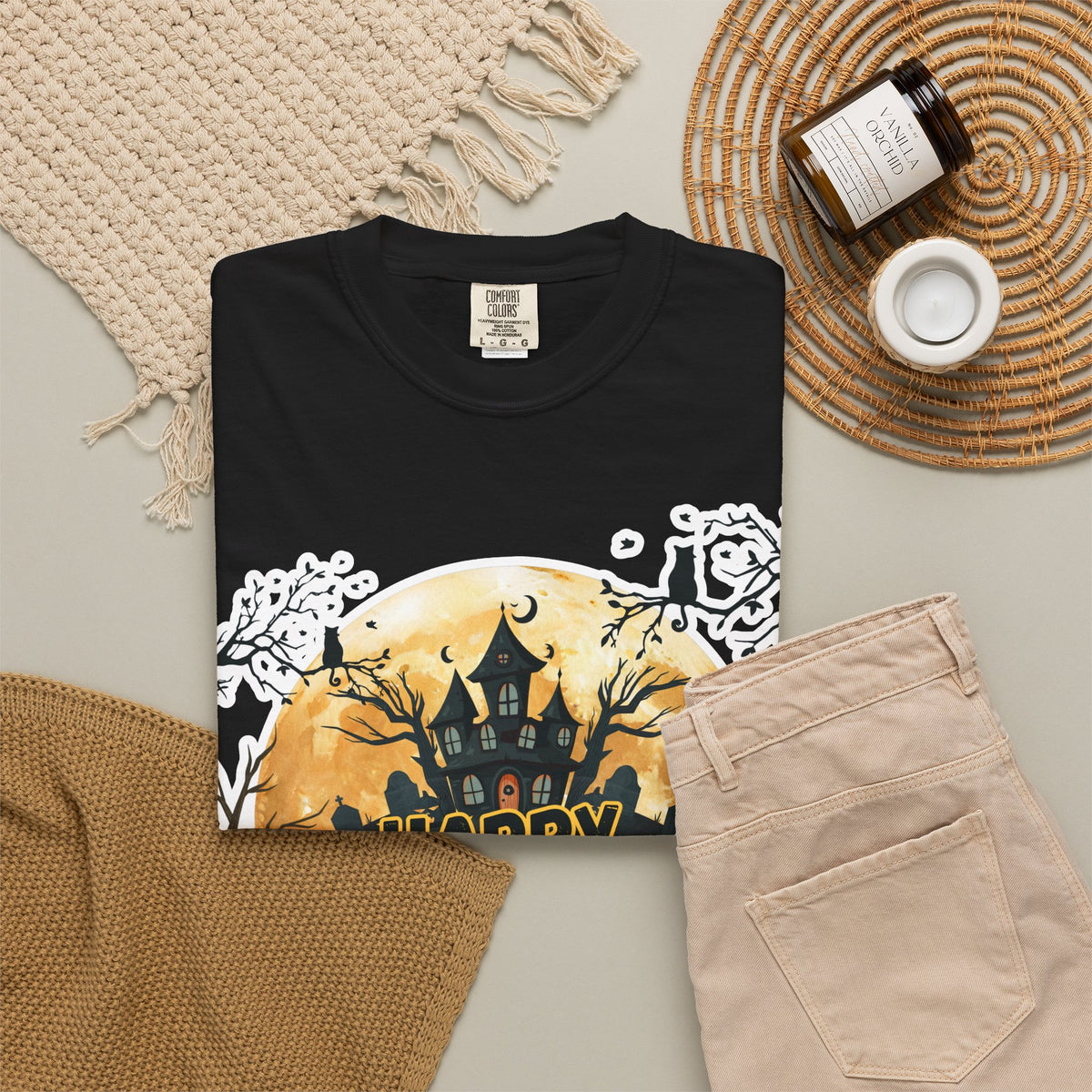Halloween Haunted House T-Shirt — "Happy Halloween" Pumpkin Graphic Tee