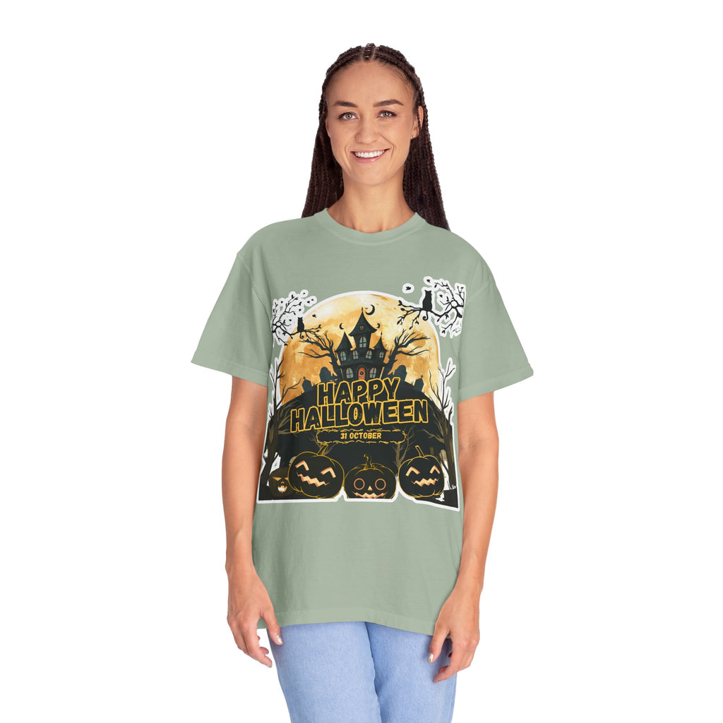 Halloween Haunted House T-Shirt — "Happy Halloween" Pumpkin Graphic Tee