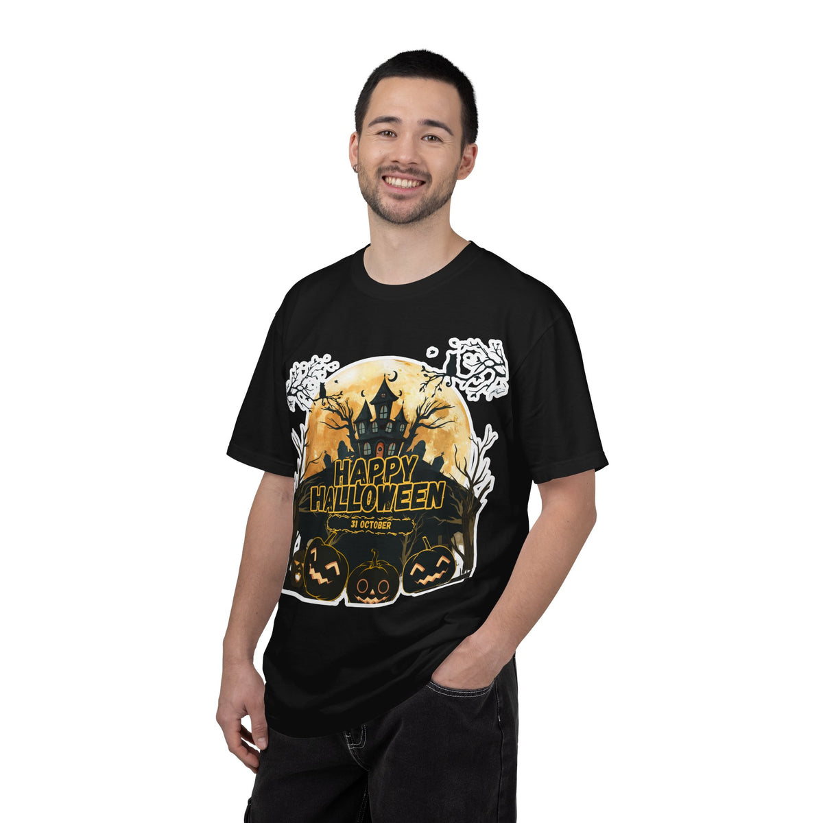 Halloween Haunted House T-Shirt — "Happy Halloween" Pumpkin Graphic Tee