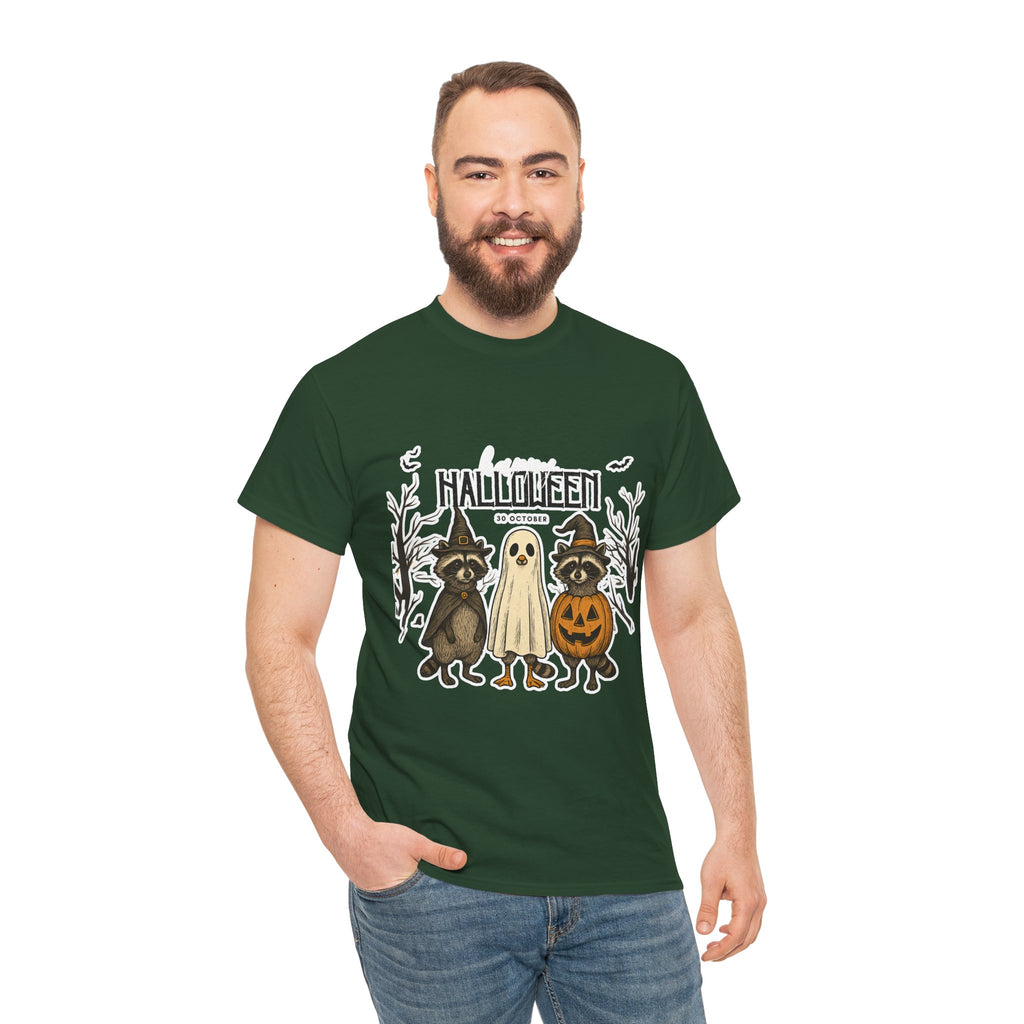 Halloween Raccoon Ghost Pumpkin T‑Shirt — Cute Spooky Costume Trio Tee