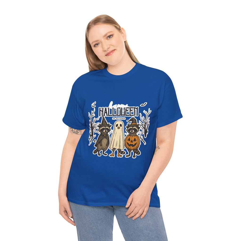 Halloween Raccoon Ghost Pumpkin T‑Shirt — Cute Spooky Costume Trio Tee