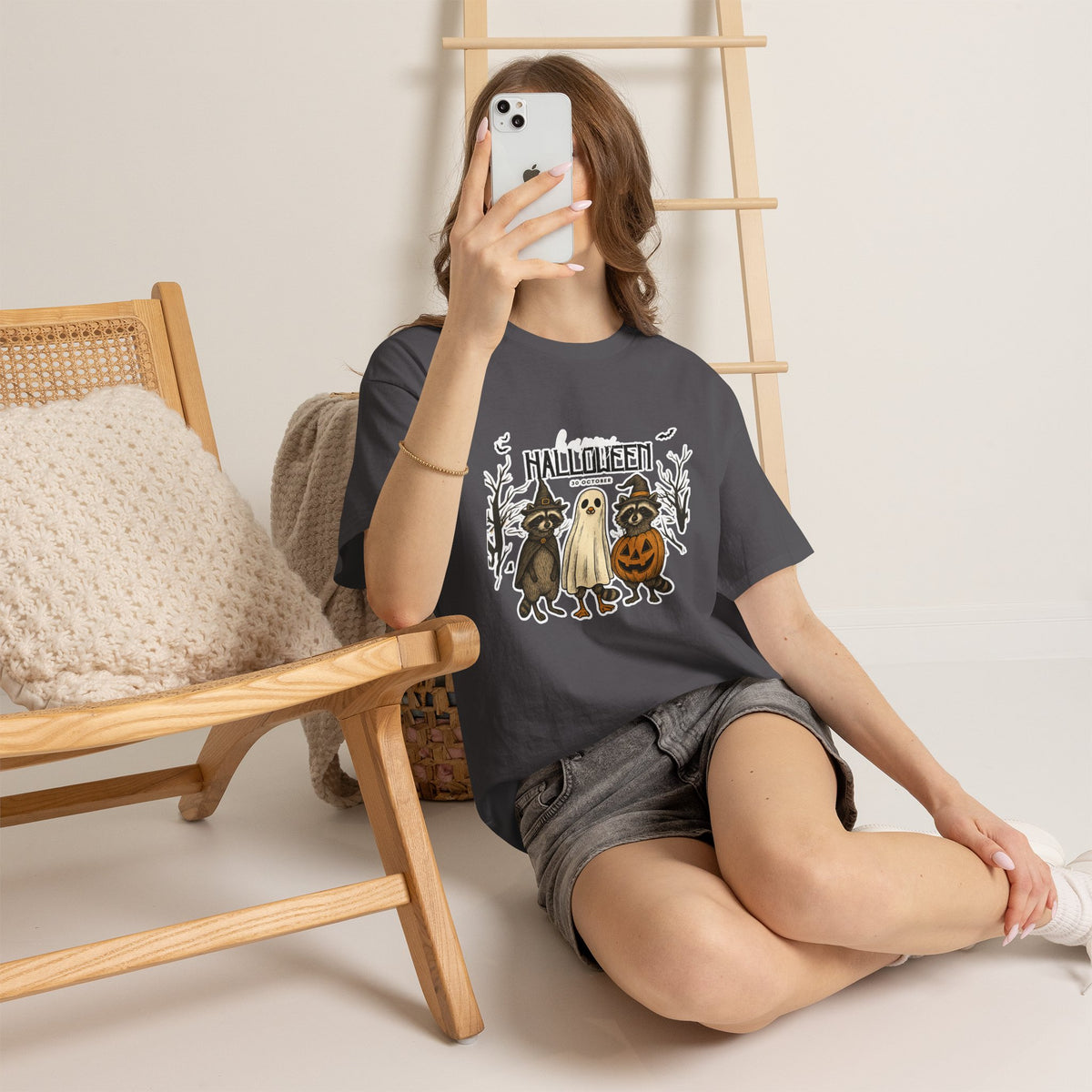 Halloween Raccoon Ghost Pumpkin T‑Shirt — Cute Spooky Costume Trio Tee