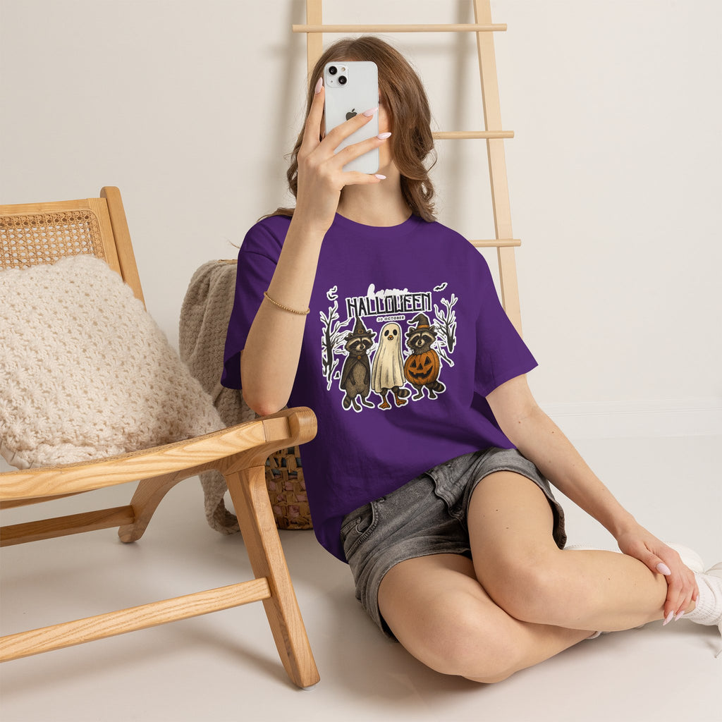 Halloween Raccoon Ghost Pumpkin T‑Shirt — Cute Spooky Costume Trio Tee