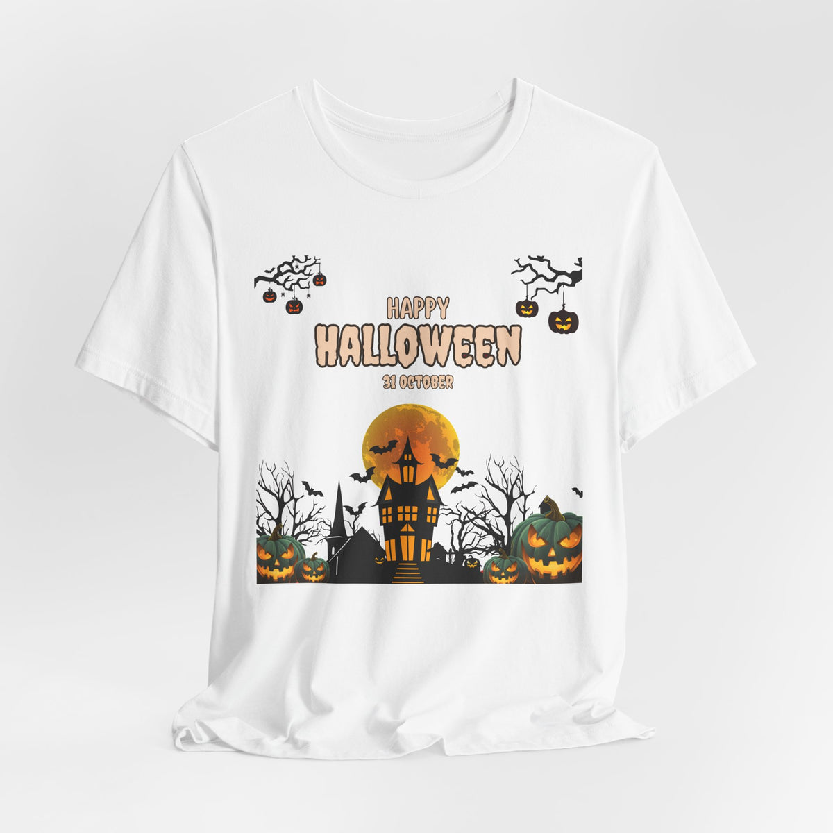 Halloween Haunted House T-Shirt — "Happy Halloween" Pumpkin Spooky Tee