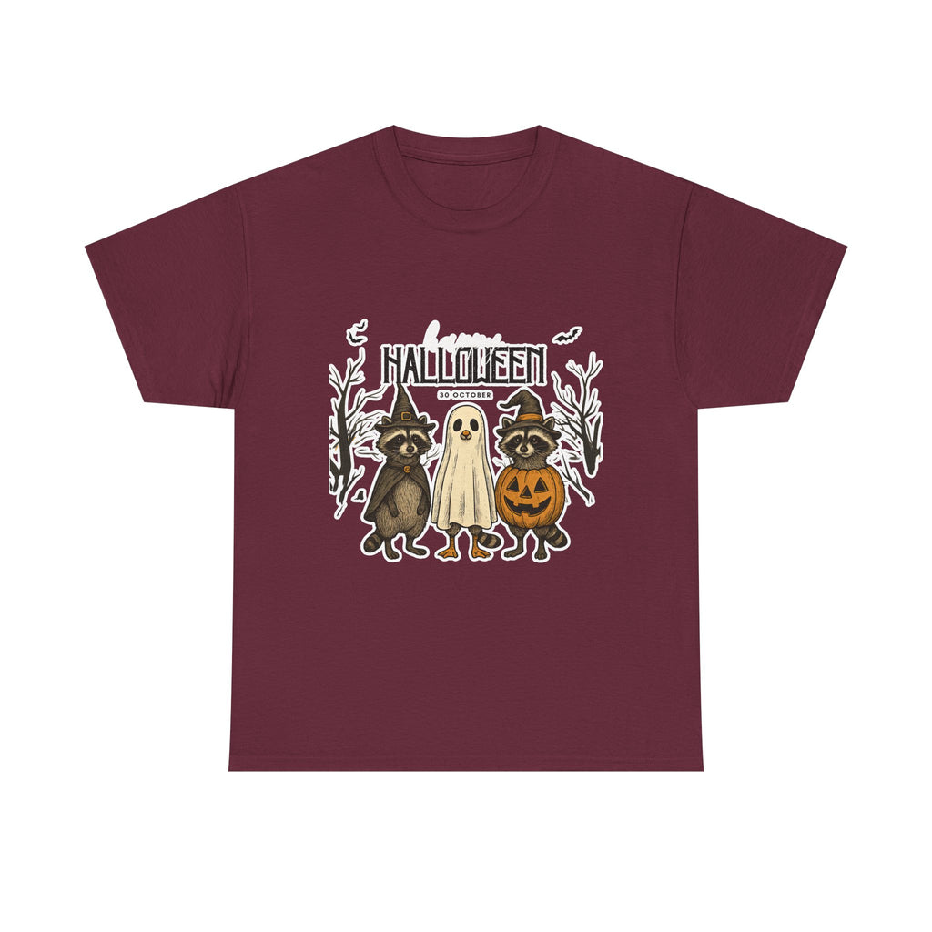 Halloween Raccoon Ghost Pumpkin T‑Shirt — Cute Spooky Costume Trio Tee