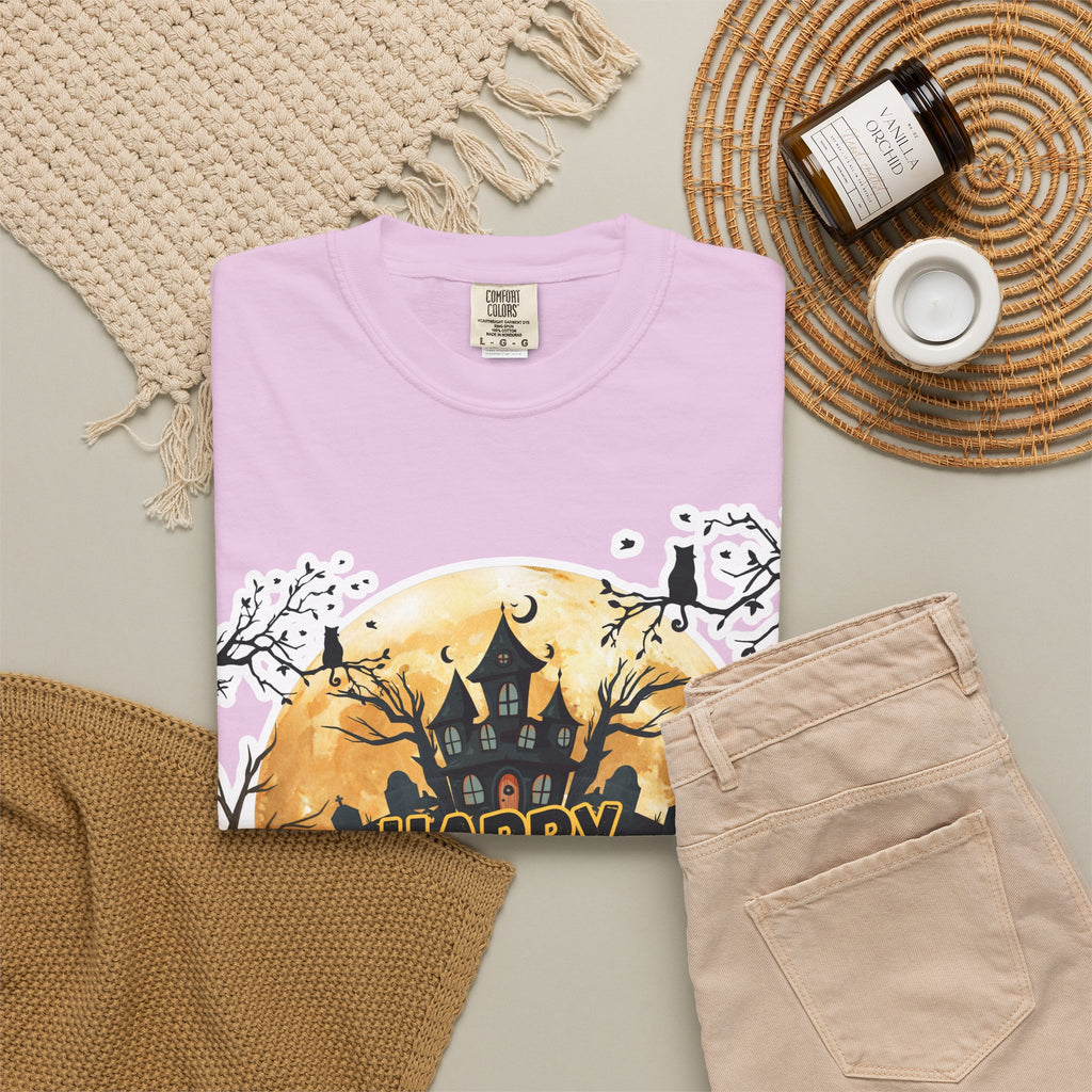 Halloween Haunted House T-Shirt — "Happy Halloween" Pumpkin Graphic Tee