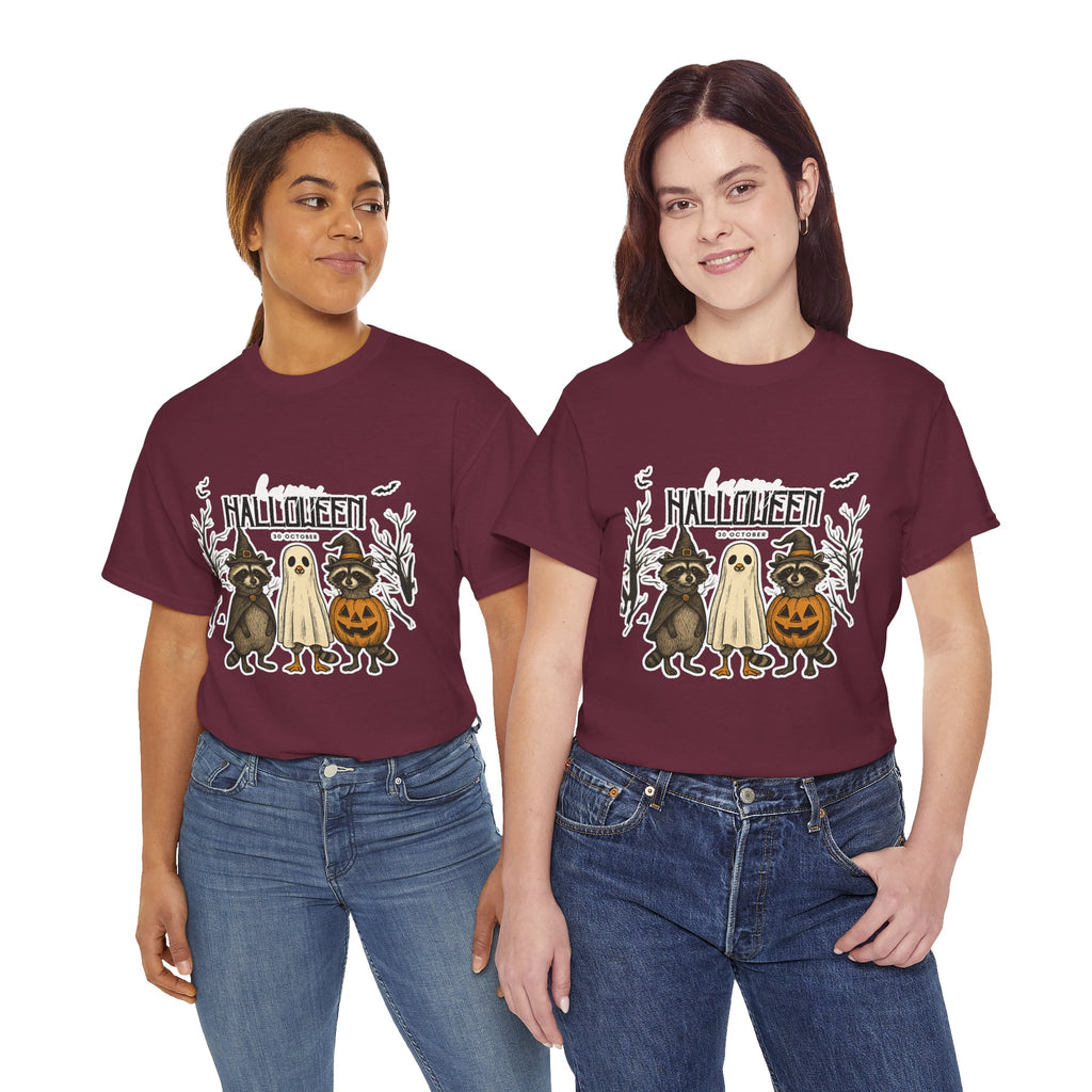 Halloween Raccoon Ghost Pumpkin T‑Shirt — Cute Spooky Costume Trio Tee