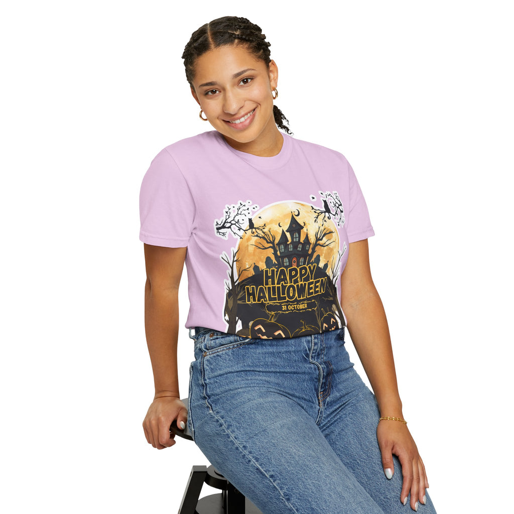 Halloween Haunted House T-Shirt — "Happy Halloween" Pumpkin Graphic Tee