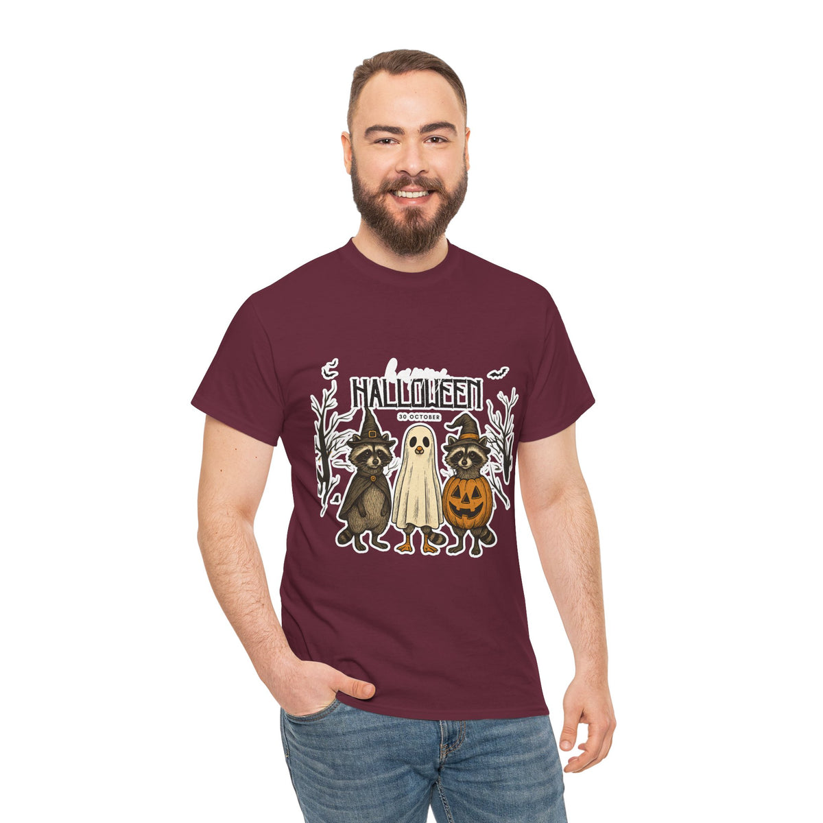 Halloween Raccoon Ghost Pumpkin T‑Shirt — Cute Spooky Costume Trio Tee
