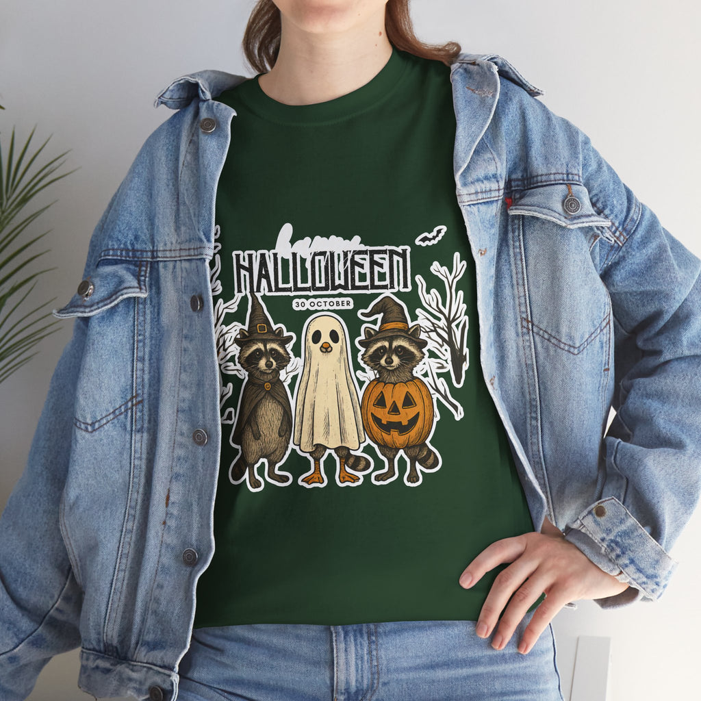 Halloween Raccoon Ghost Pumpkin T‑Shirt — Cute Spooky Costume Trio Tee