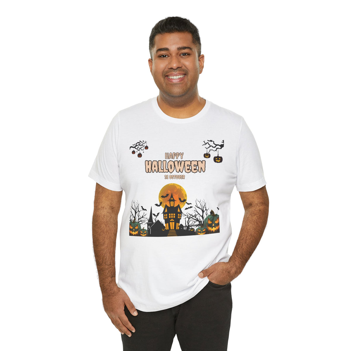 Halloween Haunted House T-Shirt — "Happy Halloween" Pumpkin Spooky Tee