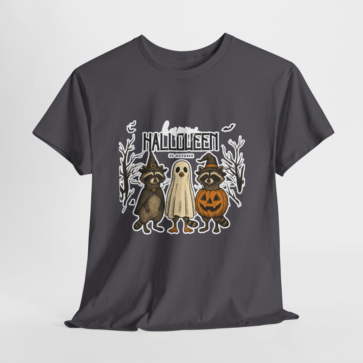 Halloween Raccoon Ghost Pumpkin T‑Shirt — Cute Spooky Costume Trio Tee