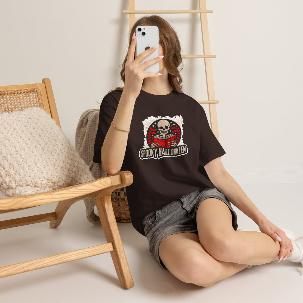 Spooky Halloween Skull Tee — Vintage Skeleton Reading Book Halloween T-Shirt